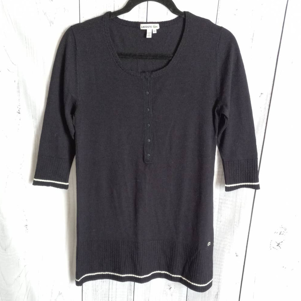 Lacoste | Navy Blue Merino Wool 3/4 Sleeve Henley Sweater